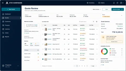 Illustrative ATW Hardware quote review interface