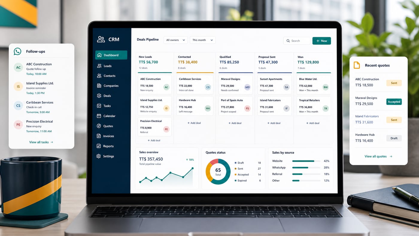 CRM dashboard with customer pipeline, follow-up tasks, quotes, and sales reports