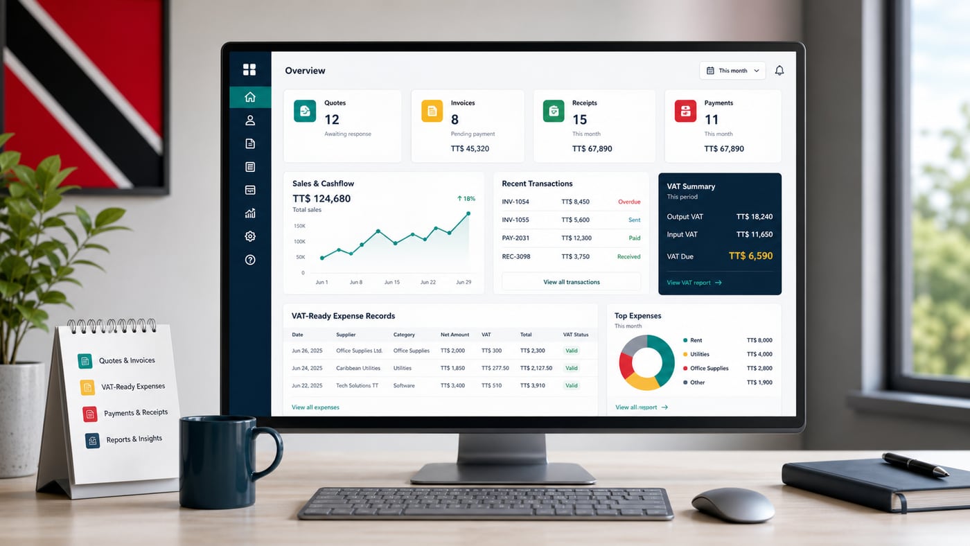 VAT-ready invoicing dashboard for a Trinidad and Tobago business