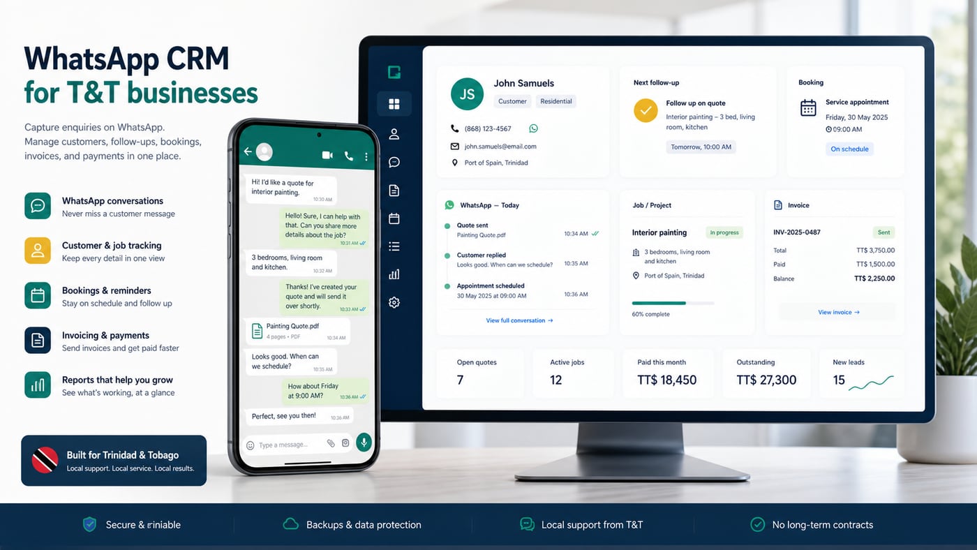 WhatsApp CRM follow-up dashboard for a Trinidad business
